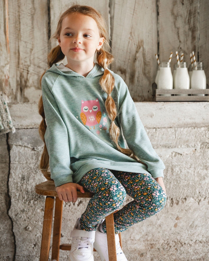 Hooded Tunic Sage Green With Owl Print Deux par Deux