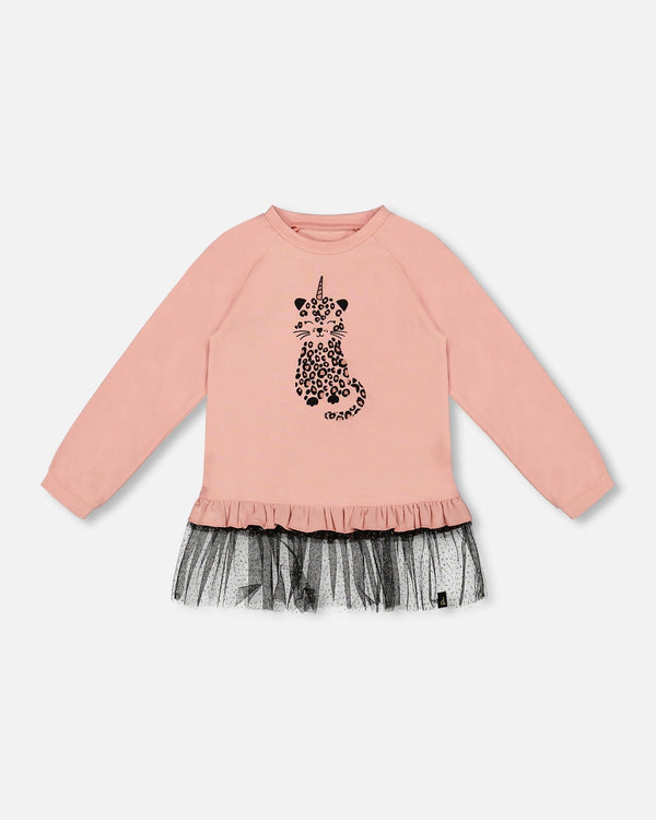 Long Bi-Material Top Dusty Pink With Mesh Ruffle Hem And Leopard Print-0