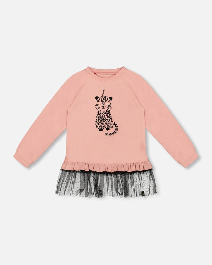 Long Bi-Material Top Dusty Pink With Mesh Ruffle Hem And Leopard Print-0