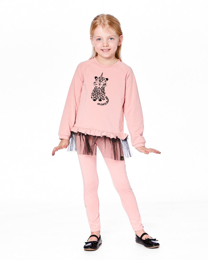 Long Bi-Material Top Dusty Pink With Mesh Ruffle Hem And Leopard Print-1