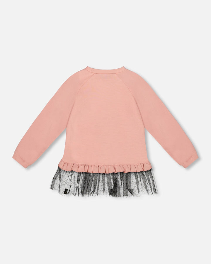 Long Bi-Material Top Dusty Pink With Mesh Ruffle Hem And Leopard Print-2
