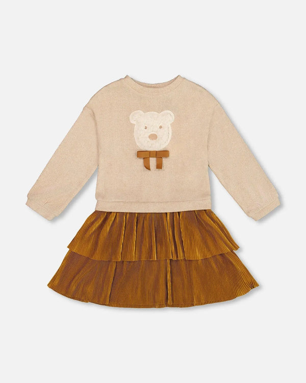 Bi-Material Dress Caramel Brown With Layered Skirt-0