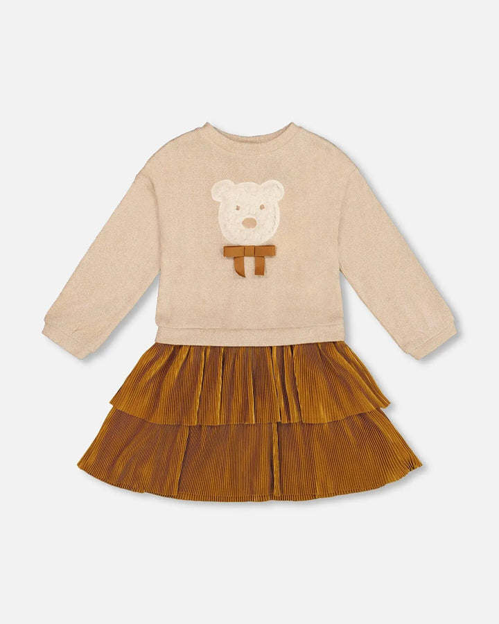 Bi-Material Dress Caramel Brown With Layered Skirt-0