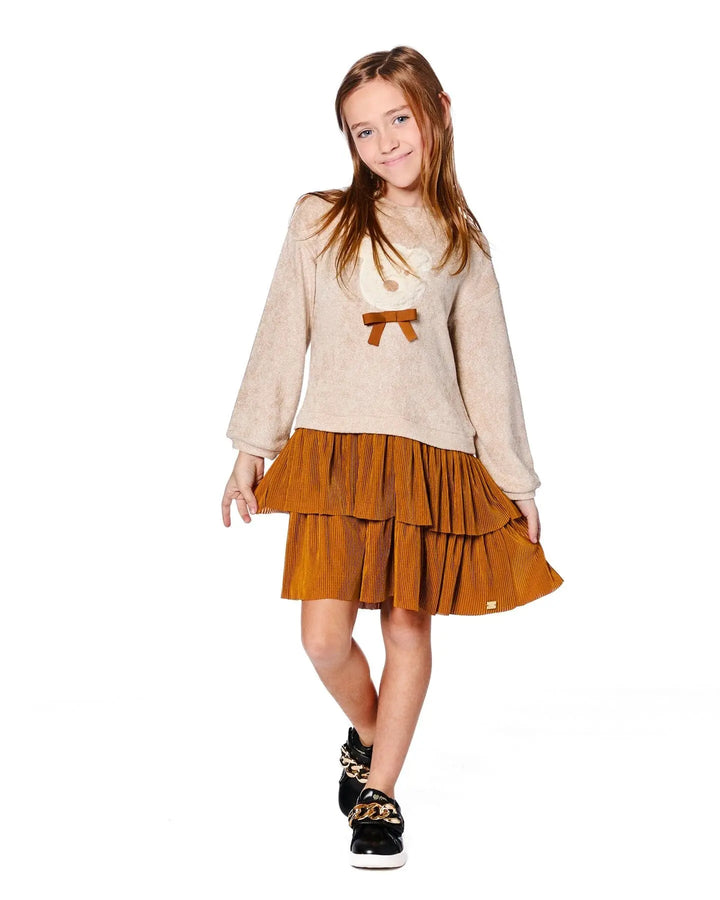 Bi-Material Dress Caramel Brown With Layered Skirt-1
