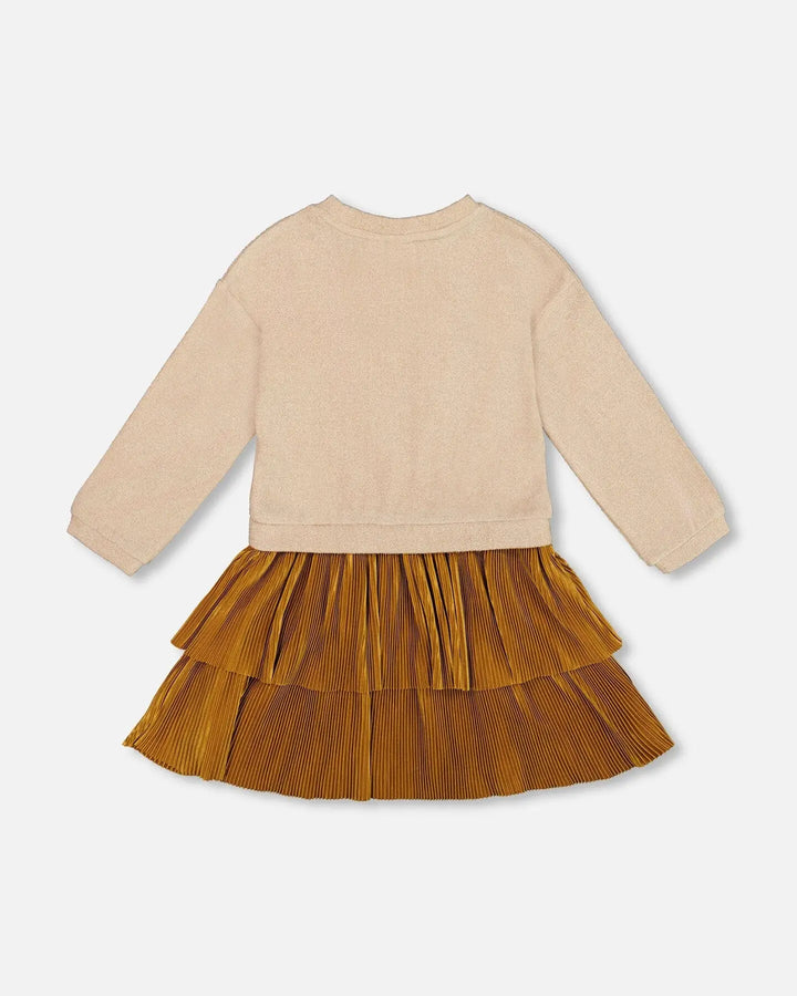 Bi-Material Dress Caramel Brown With Layered Skirt-2