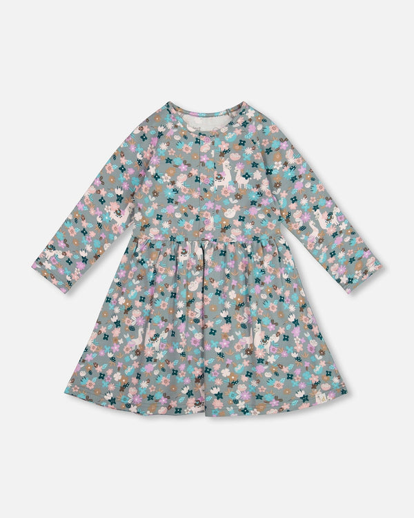 Half Button Organic Cotton Dress Blue Llama Print Deux par Deux