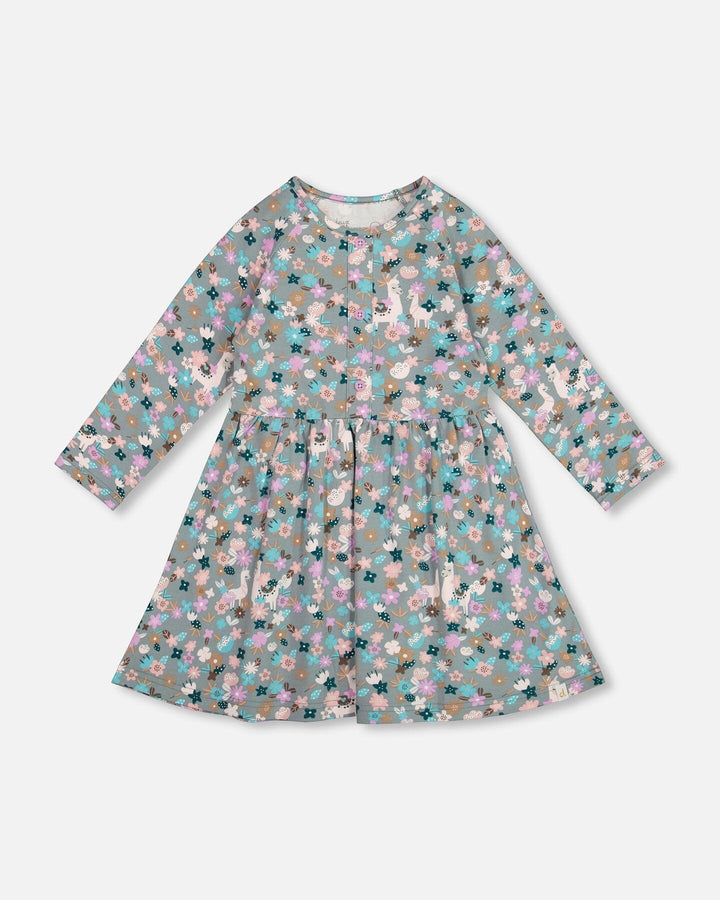 Half Button Organic Cotton Dress Blue Llama Print Deux par Deux