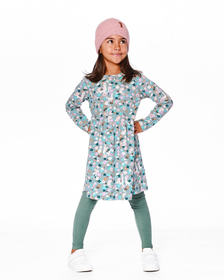 Half Button Organic Cotton Dress Blue Llama Print Deux par Deux
