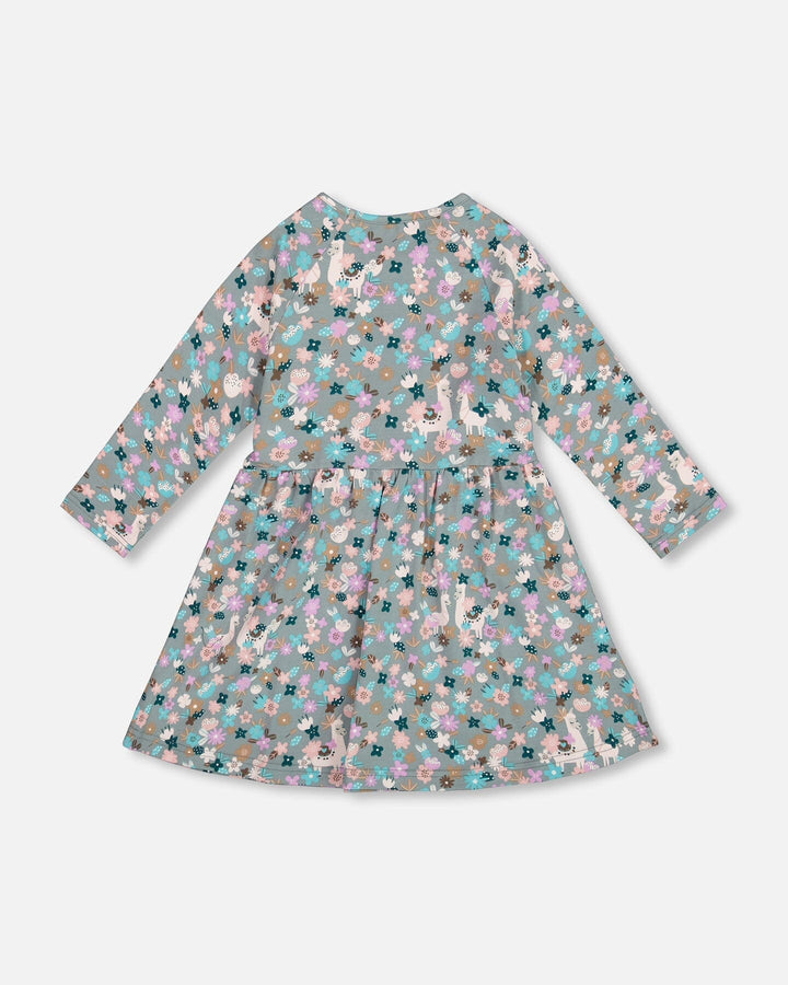 Half Button Organic Cotton Dress Blue Llama Print Deux par Deux