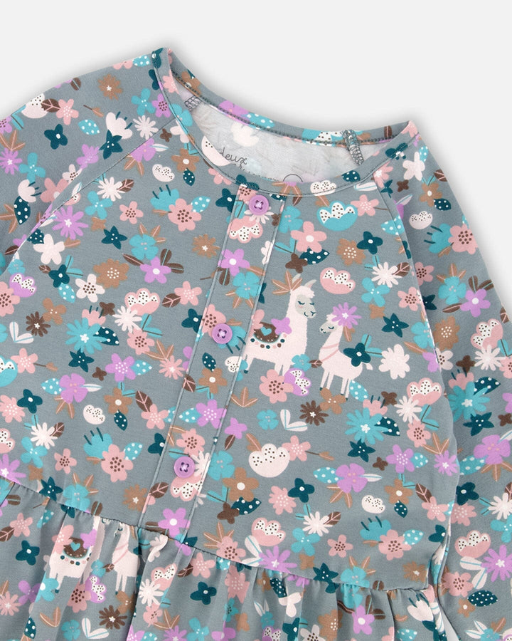 Half Button Organic Cotton Dress Blue Llama Print Deux par Deux