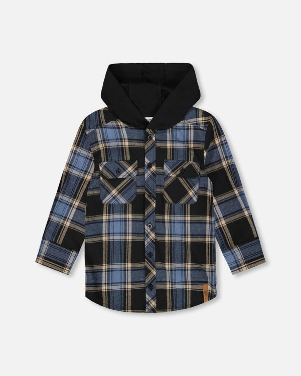 Long Sleeve Hooded Flannel Shirt Blue And Black-0