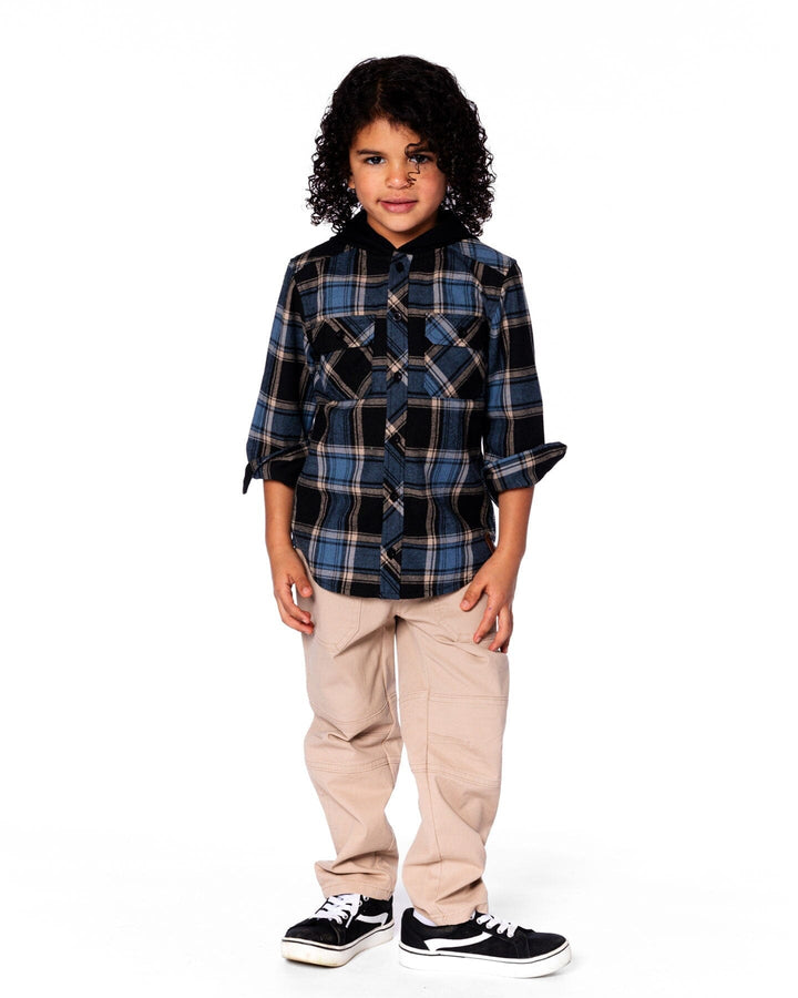 Long Sleeve Hooded Flannel Shirt Blue And Black-3