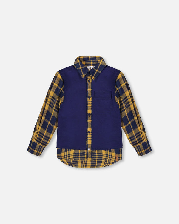 Long Sleeve Plaid Flannel Shirt With Solid Vest Blue And Ocher-0