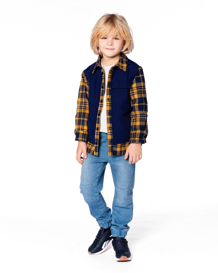 Long Sleeve Plaid Flannel Shirt With Solid Vest Blue And Ocher-1