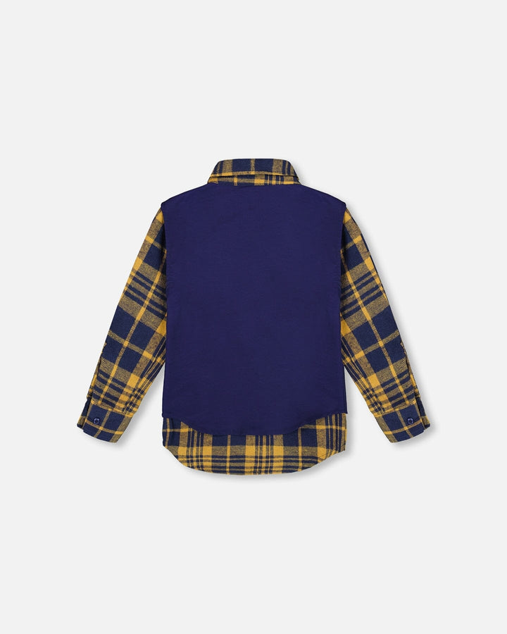 Long Sleeve Plaid Flannel Shirt With Solid Vest Blue And Ocher-2
