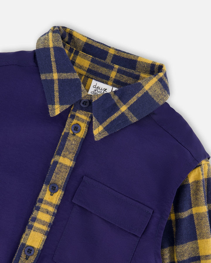 Long Sleeve Plaid Flannel Shirt With Solid Vest Blue And Ocher-3
