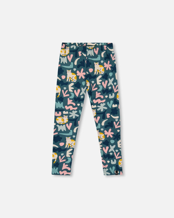 Stretch Jersey Leggings Green Cat Print-0