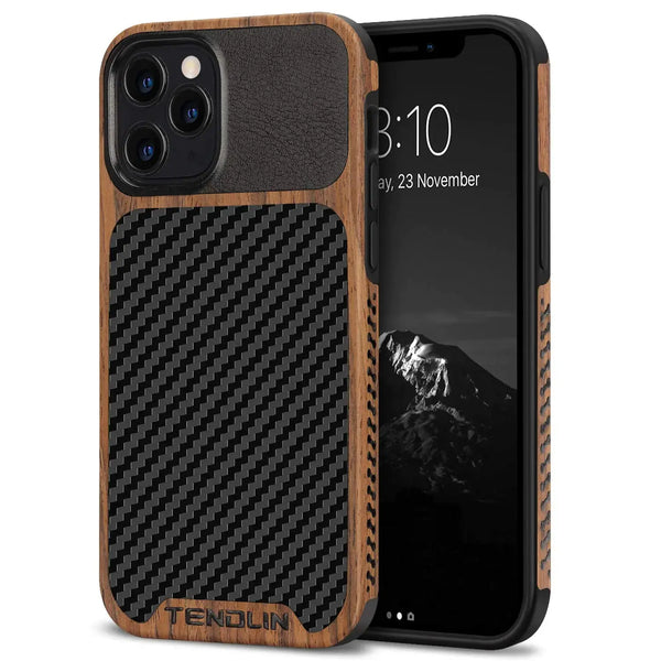 TENDLIN Compatible with iPhone 12 Case/iPhone 12 Pro Case Wood Grain with Carbon Fiber Texture Design Leather Hybrid Case Black My Store