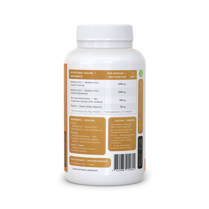 Nutriop Longevity® Bio-Enhanced Berberine HCL with Pure Organic Piperine and Grape Seed Extract - 865mg per serving (x45)-3