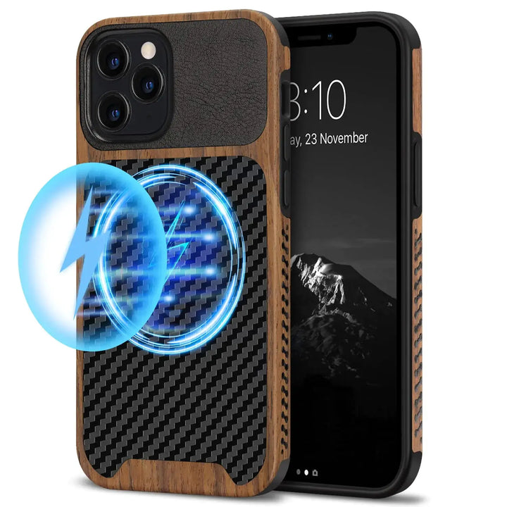 TENDLIN Compatible with iPhone 12 Case/iPhone 12 Pro Case Wood Grain with Carbon Fiber Texture Design Leather Hybrid Case Black My Store