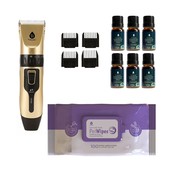 Pursonic Pet Grooming Bundle – Rechargeable Hair Trimmer, 6-Pack Essential Oils & Lavender Wipes Pursonic