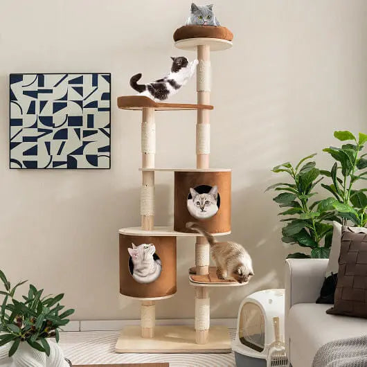 6-Tier Wooden Cat Tree with 2 Removeable Condos Platforms and Perch-Brown Unbranded