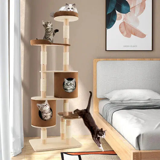 6-Tier Wooden Cat Tree with 2 Removeable Condos Platforms and Perch-Brown Unbranded