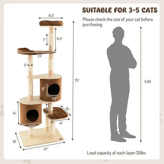 6-Tier Wooden Cat Tree with 2 Removeable Condos Platforms and Perch-Brown Unbranded