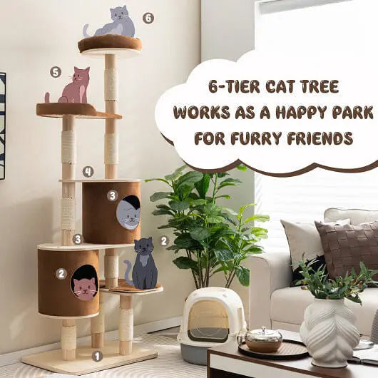 6-Tier Wooden Cat Tree with 2 Removeable Condos Platforms and Perch-Brown Unbranded