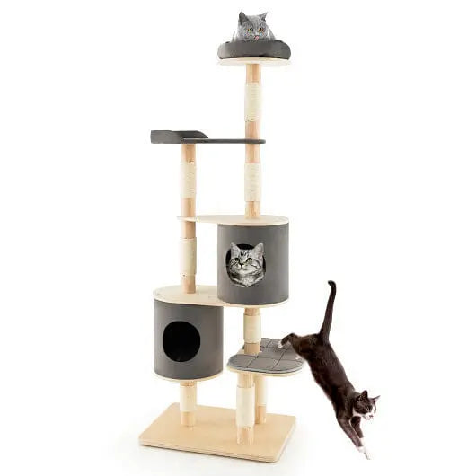 6-Tier Wooden Cat Tree with 2 Removeable Condos Platforms and Perch-Brown Unbranded