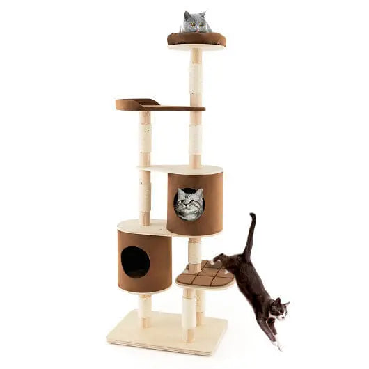 6-Tier Wooden Cat Tree with 2 Removeable Condos Platforms and Perch-Brown Unbranded