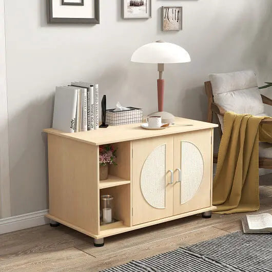 Cat Litter Box Enclosure with Sisal Scratching Doors and Adjustable Metal Feet-Natural Unbranded