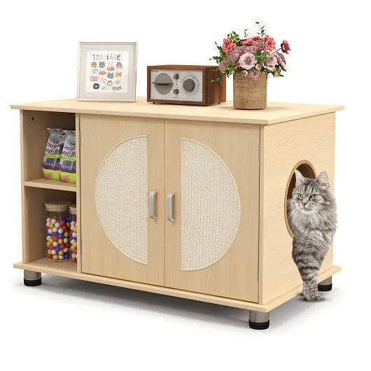Cat Litter Box Enclosure with Sisal Scratching Doors and Adjustable Metal Feet-Natural Unbranded
