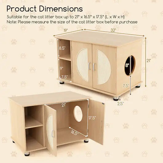 Cat Litter Box Enclosure with Sisal Scratching Doors and Adjustable Metal Feet-Natural Unbranded
