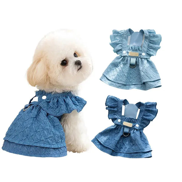 Denim Dog Dresses for Small Dogs, Puppy Girl Clothes with Leash Ring, Flying Sleeves, Summer Cat Apparel, Blue Chihuahua Outfits Dropshipman