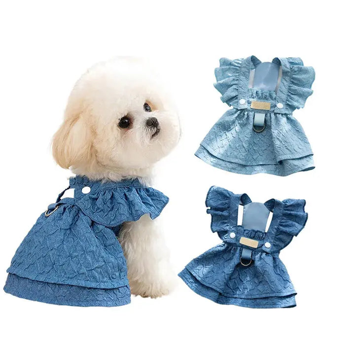 Denim Dog Dresses for Small Dogs, Puppy Girl Clothes with Leash Ring, Flying Sleeves, Summer Cat Apparel, Blue Chihuahua Outfits Dropshipman