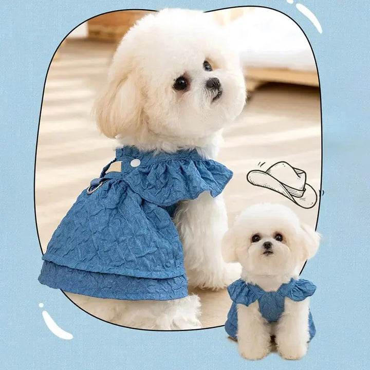 Denim Dog Dresses for Small Dogs, Puppy Girl Clothes with Leash Ring, Flying Sleeves, Summer Cat Apparel, Blue Chihuahua Outfits Dropshipman