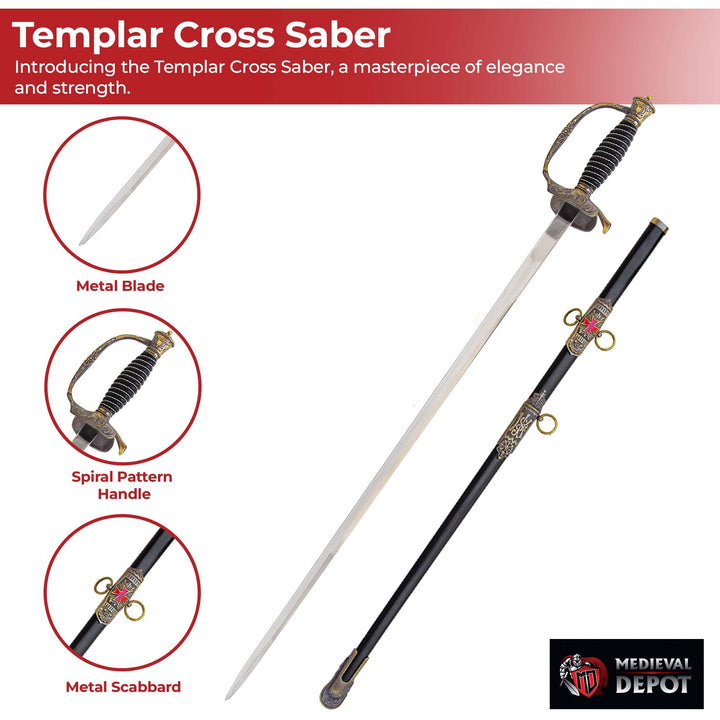 Templar Cross Saber with Decorative Brass Fittings-2