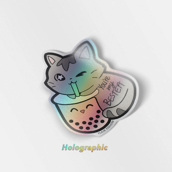 You're My Bestea Boba Cat Holographic Vinyl Sticker-0