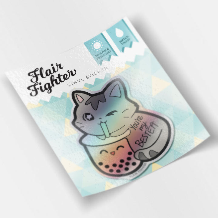 You're My Bestea Boba Cat Holographic Vinyl Sticker-3