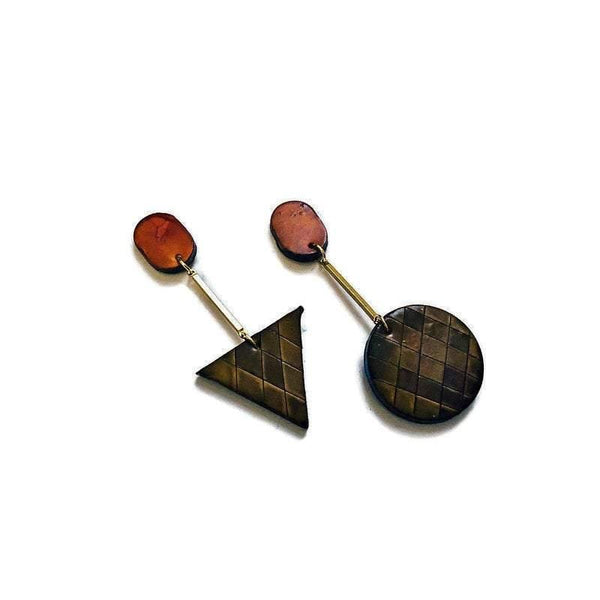 Brown Fall Earrings, Long Geometric Drop Dangles with Brass Bar-0
