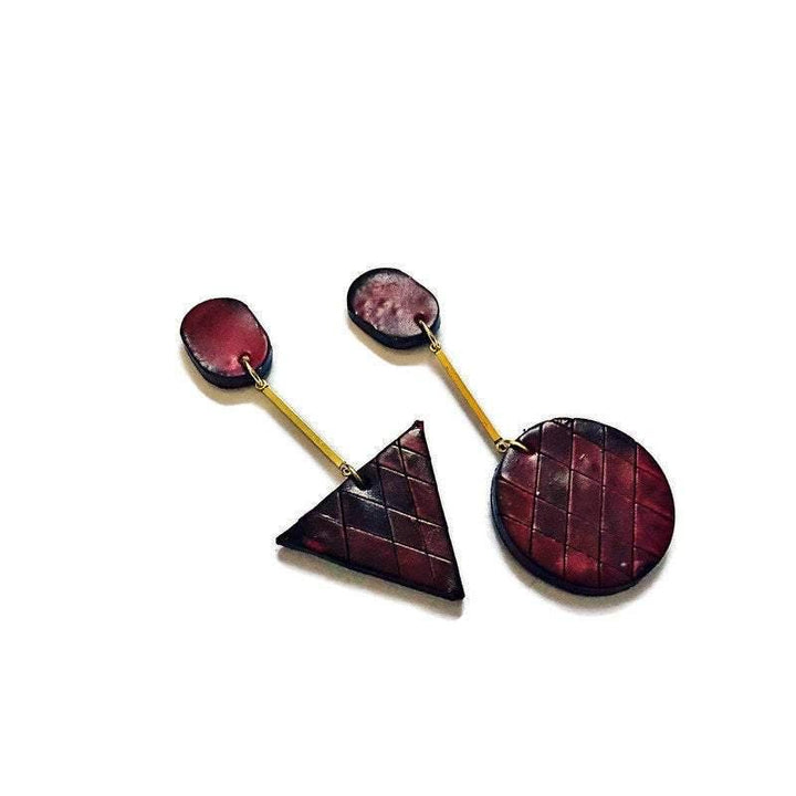Brown Fall Earrings, Long Geometric Drop Dangles with Brass Bar-3