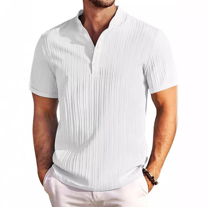 Summer Stand Collar Buttons Short Sleeve T-shirt Solid Color Stripe POLO Shirt Fashion Casual Beach Clothing For Men My Store