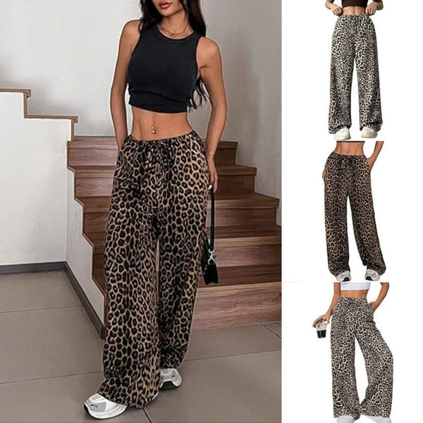 Women's Casual Leopard Print High Waisted Wide-Leg Pants Elegant Drawstring Loose Long Trousers My Store