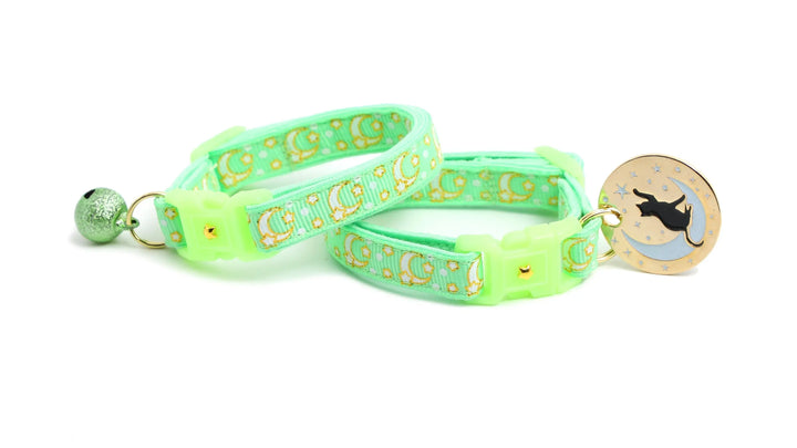 Gold Moons and Stars on Mint Green Cat Collar Pugs2Persians