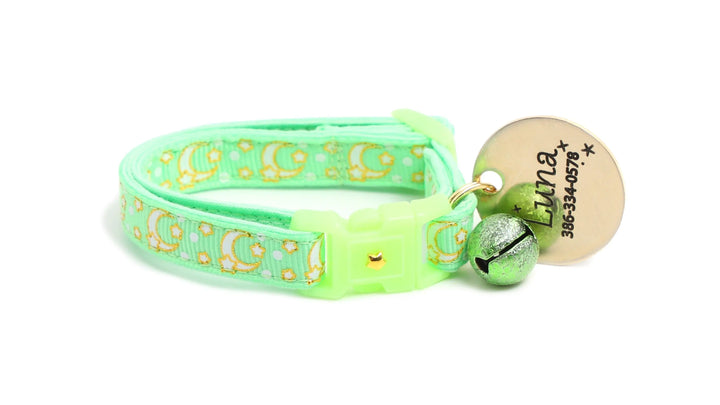 Gold Moons and Stars on Mint Green Cat Collar Pugs2Persians