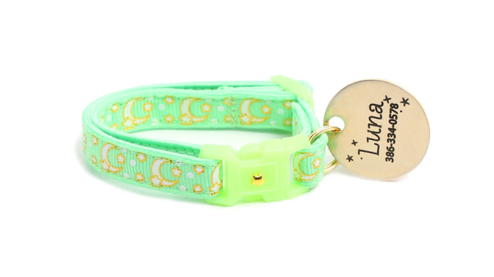 Gold Moons and Stars on Mint Green Cat Collar Pugs2Persians