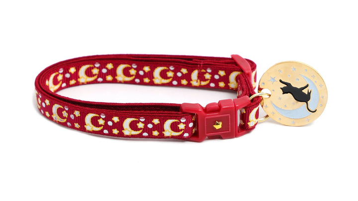 Gold Moons and Stars on Dark Red Cat Collar Pugs2Persians
