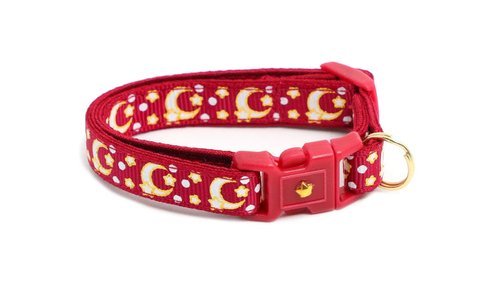 Gold Moons and Stars on Dark Red Cat Collar Pugs2Persians