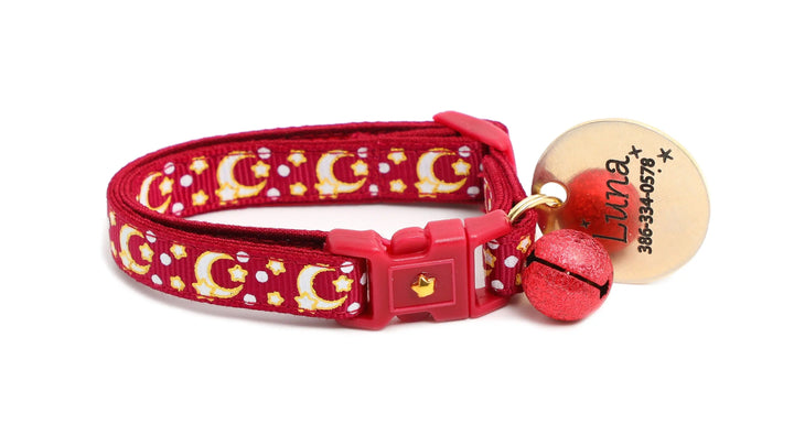Gold Moons and Stars on Dark Red Cat Collar Pugs2Persians